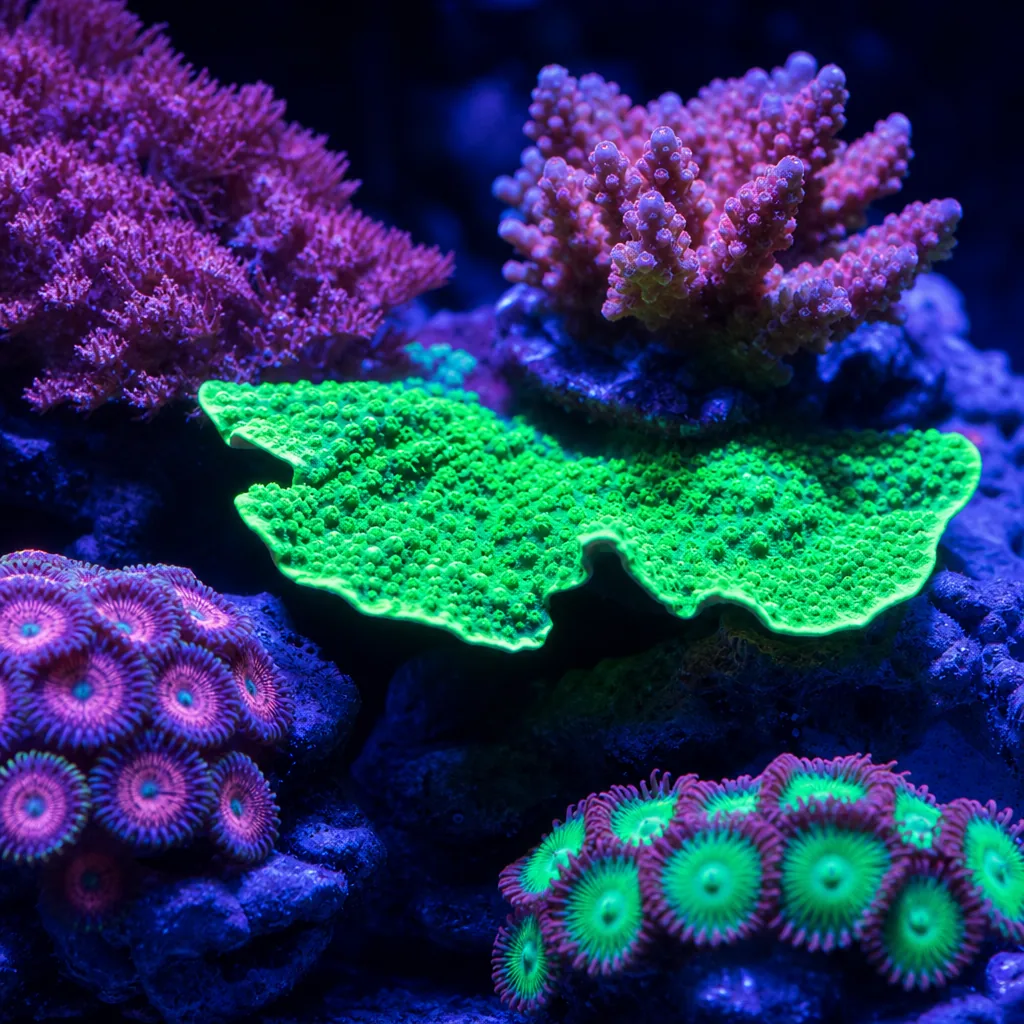 Corals fluorescing under blue actinic reef spectrum