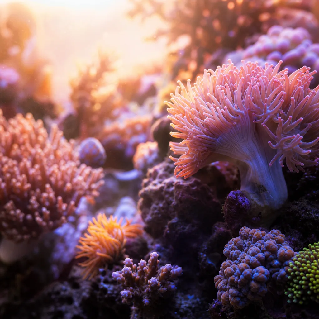 Reef tank during gradual sunrise lighting ramp