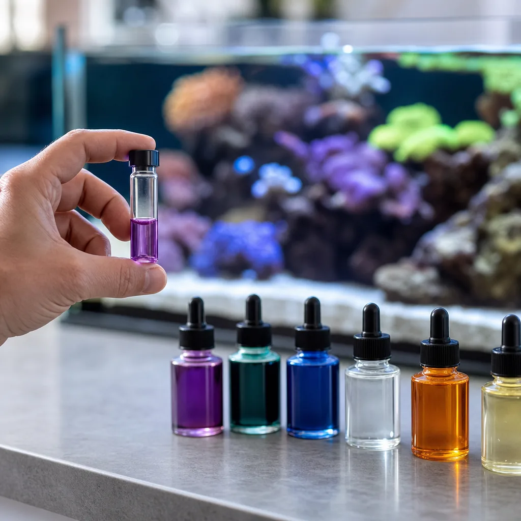 Aquarist running a test kit on saltwater sample