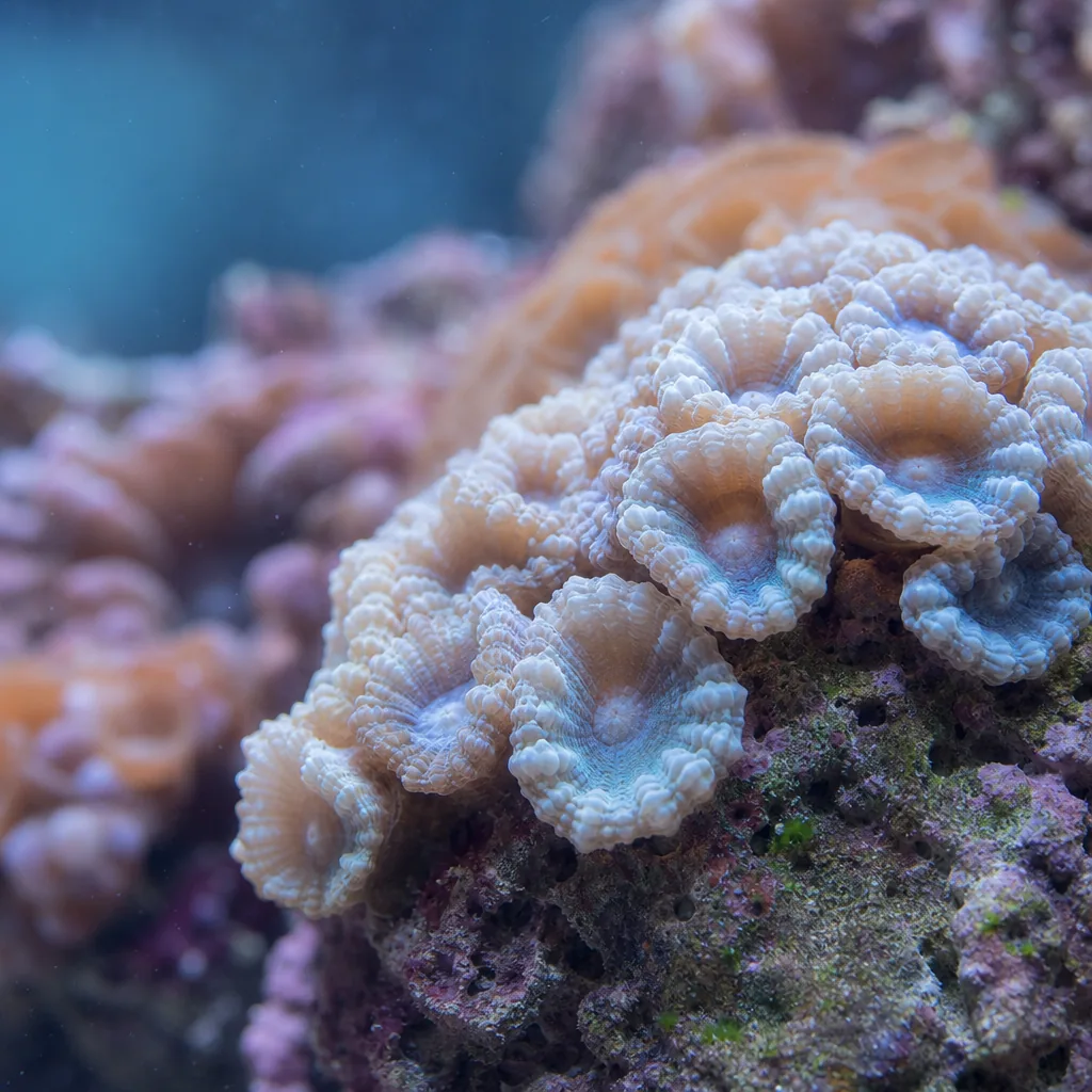 Closeup of stressed coral polyps retracting in reef