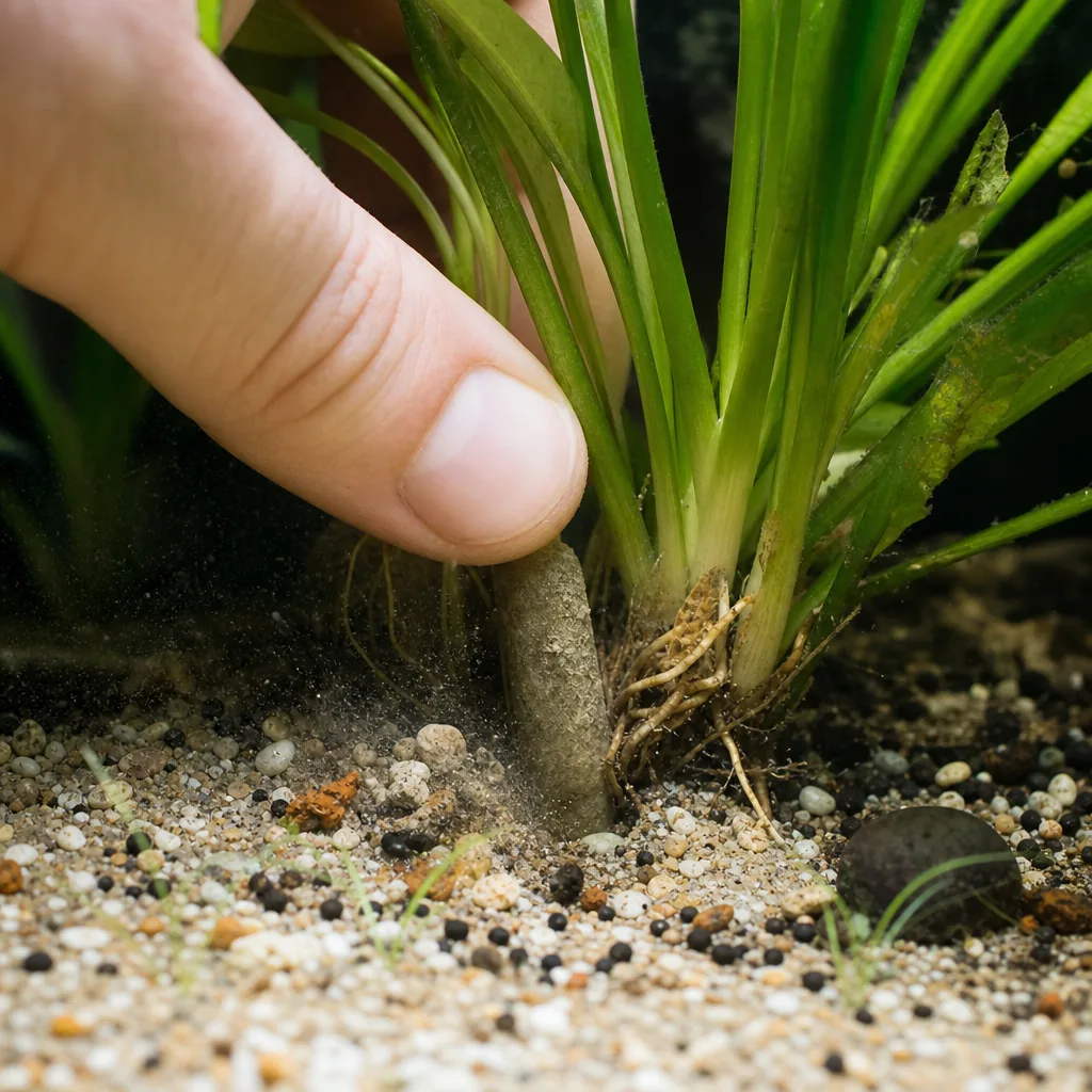 Fingertip pressing a fertilizer root tab into aquarium substrate