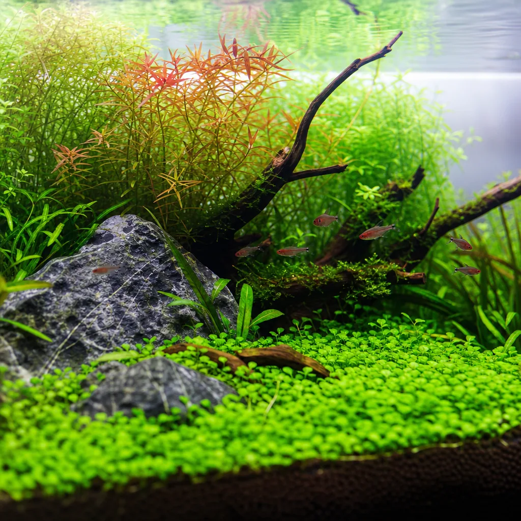 Lush carpet of healthy rooted aquarium plants in substrate