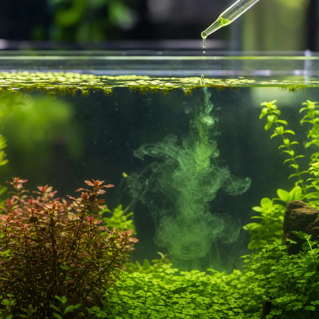 Liquid fertilizer being dosed into a planted aquarium