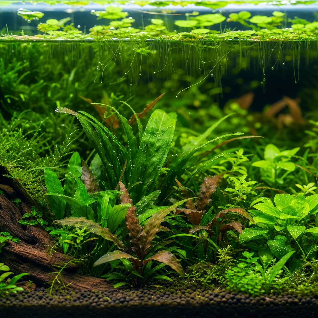 Balanced planted aquarium with column and root feeding plants