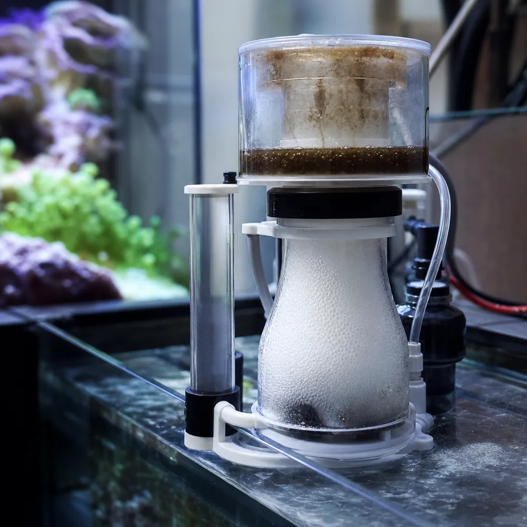 Protein skimmer pulling waste from reef sump