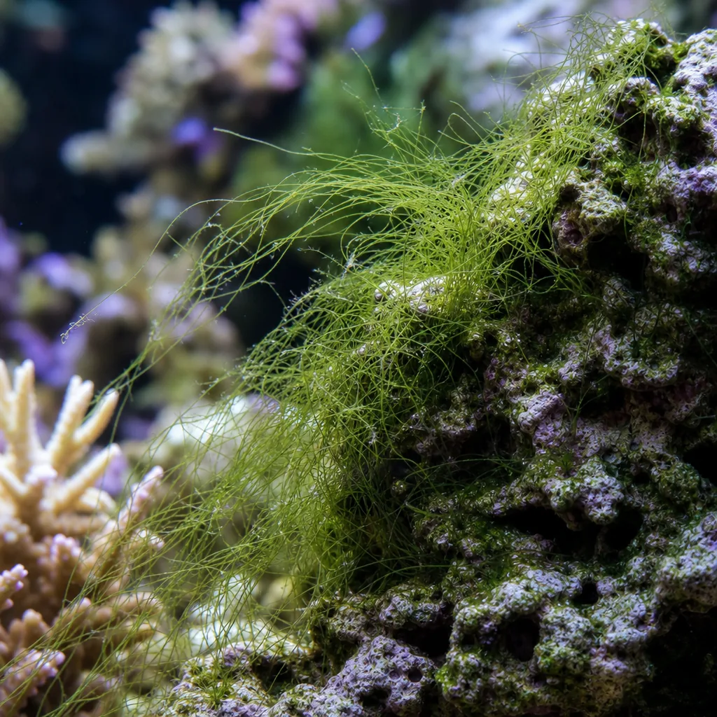 Green hair algae growing on reef rock