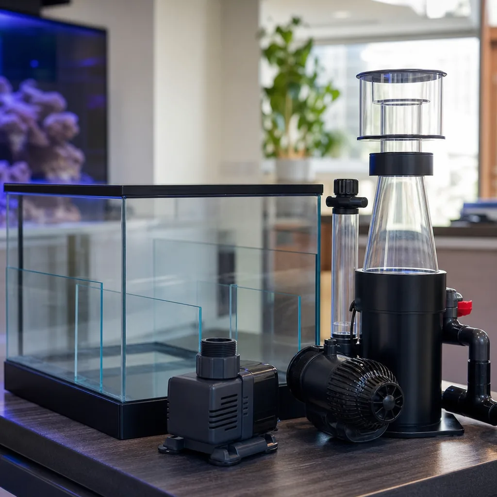 Protein skimmer and pump equipment for a reef tank