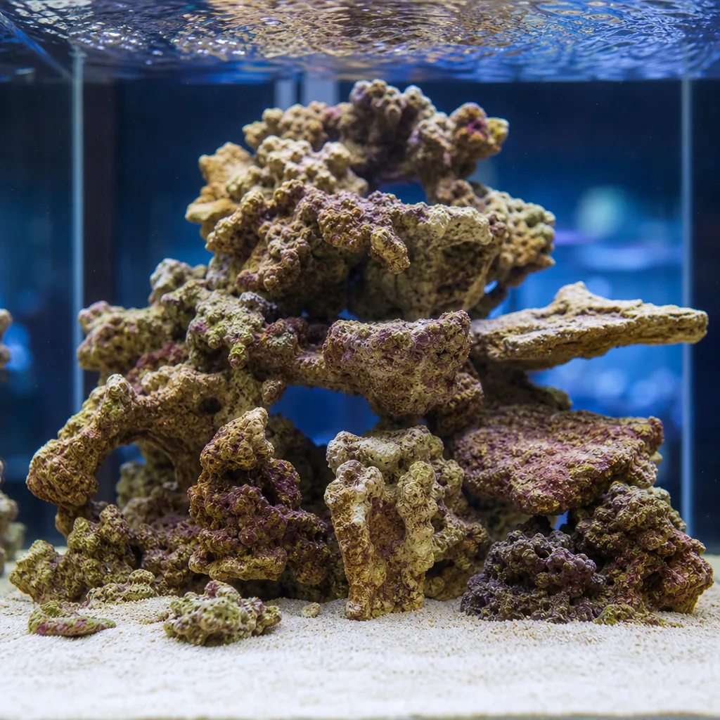 Aquascaped live rock arranged in a saltwater tank