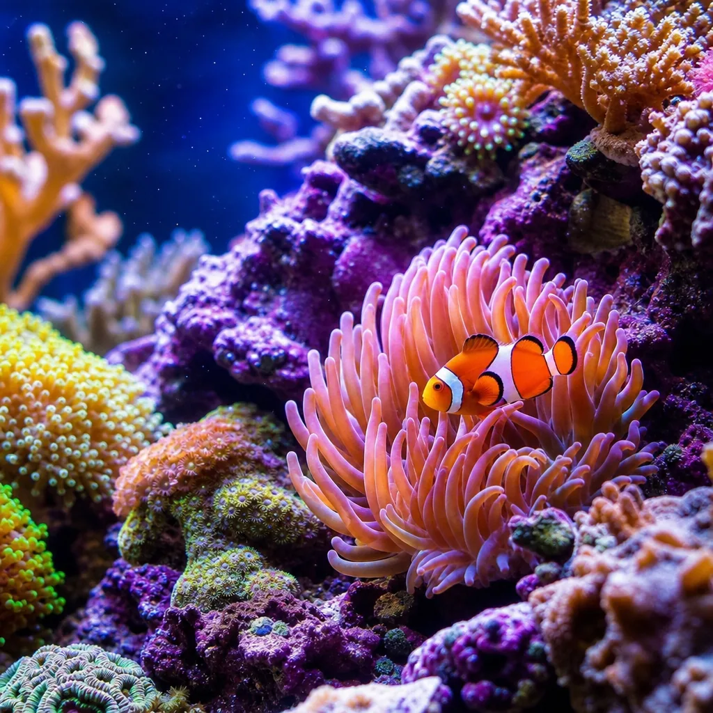 A colorful saltwater reef tank full of corals