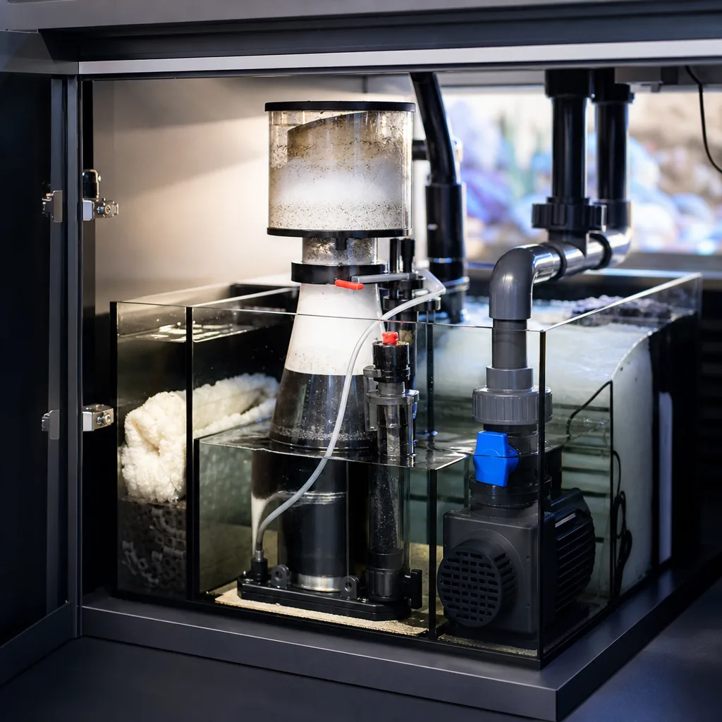 Saltwater aquarium equipment including a protein skimmer