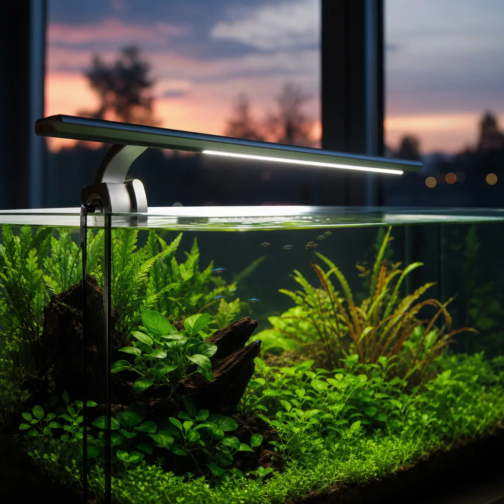 Energy-efficient LED light glowing over planted tank