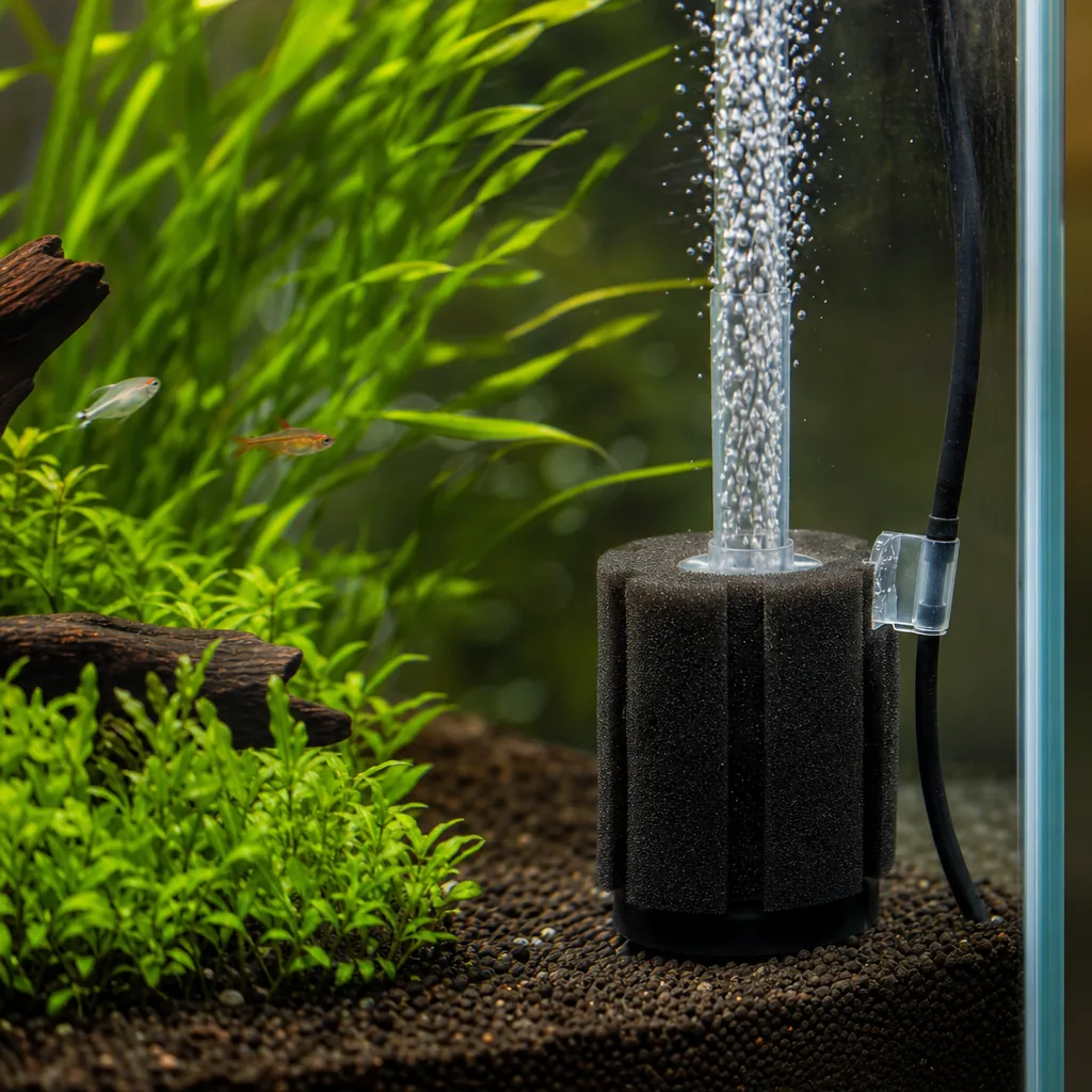 Sponge filter bubbling inside a freshwater aquarium