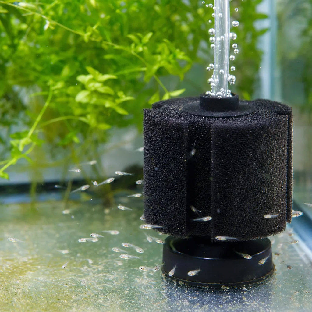 Tiny fry sheltering near a gentle sponge filter