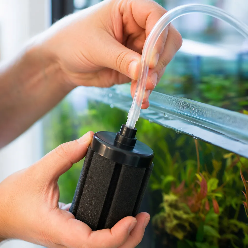 Hands attaching airline tubing to a sponge filter