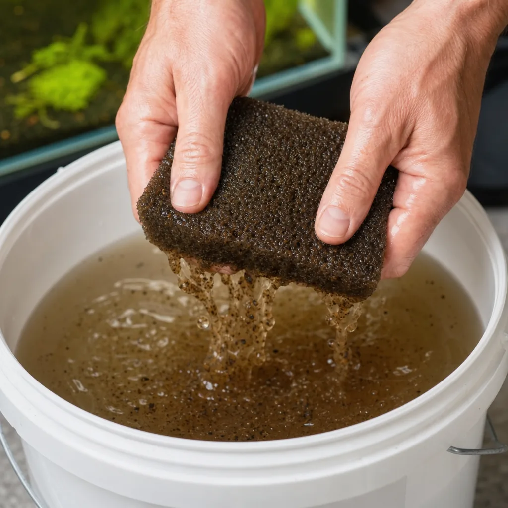 Squeezing a dirty filter sponge in tank water