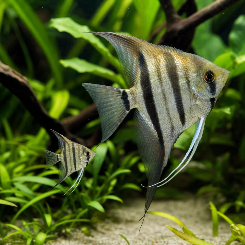 Tiny young fish beside a fully grown adult of the same species