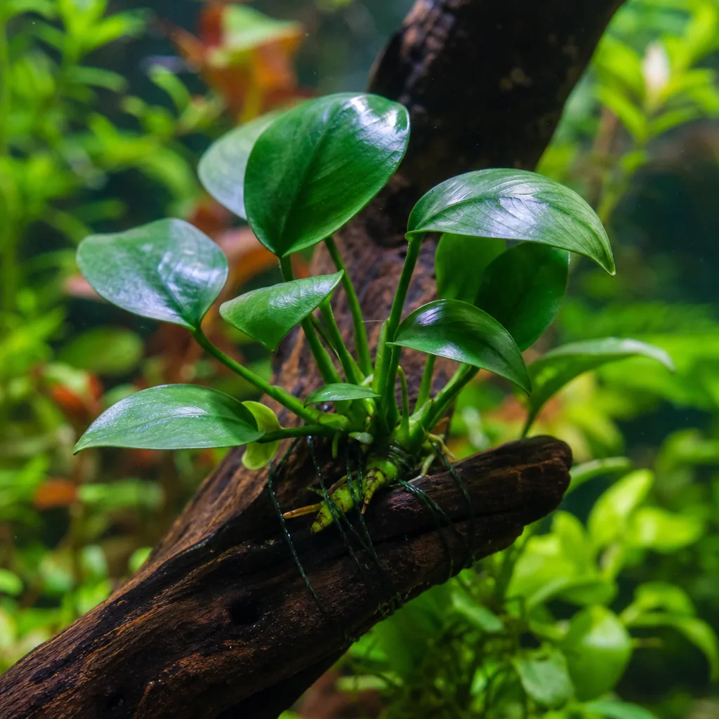 A rhizome plant attached to driftwood instead of buried