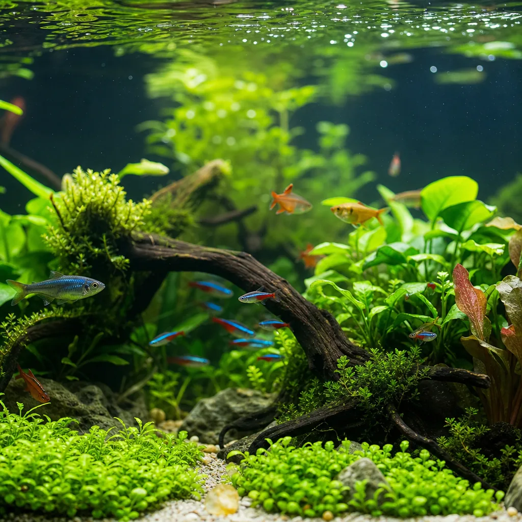 Clear healthy freshwater aquarium with active fish
