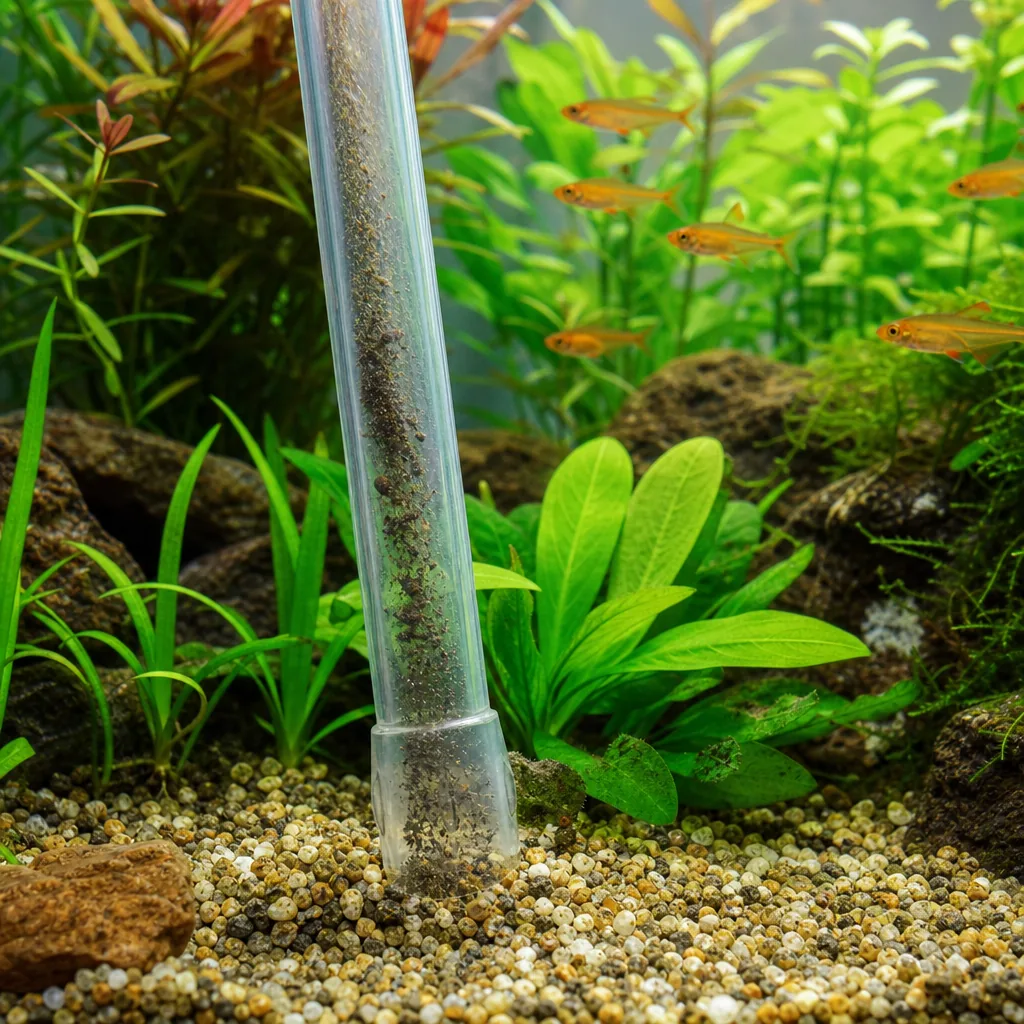 Gravel vacuum siphon cleaning aquarium substrate