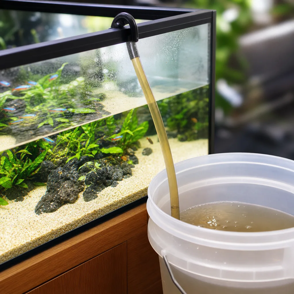 Bucket of aquarium water being drained during change