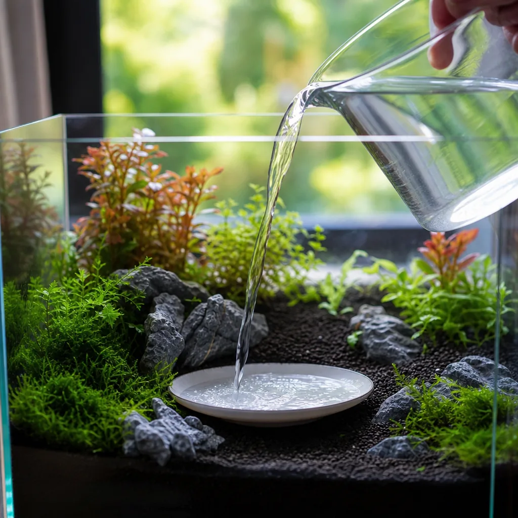 Pouring treated replacement water into the aquarium