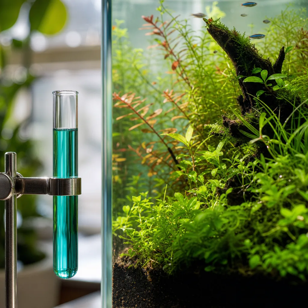 pH test tube showing color result beside aquarium