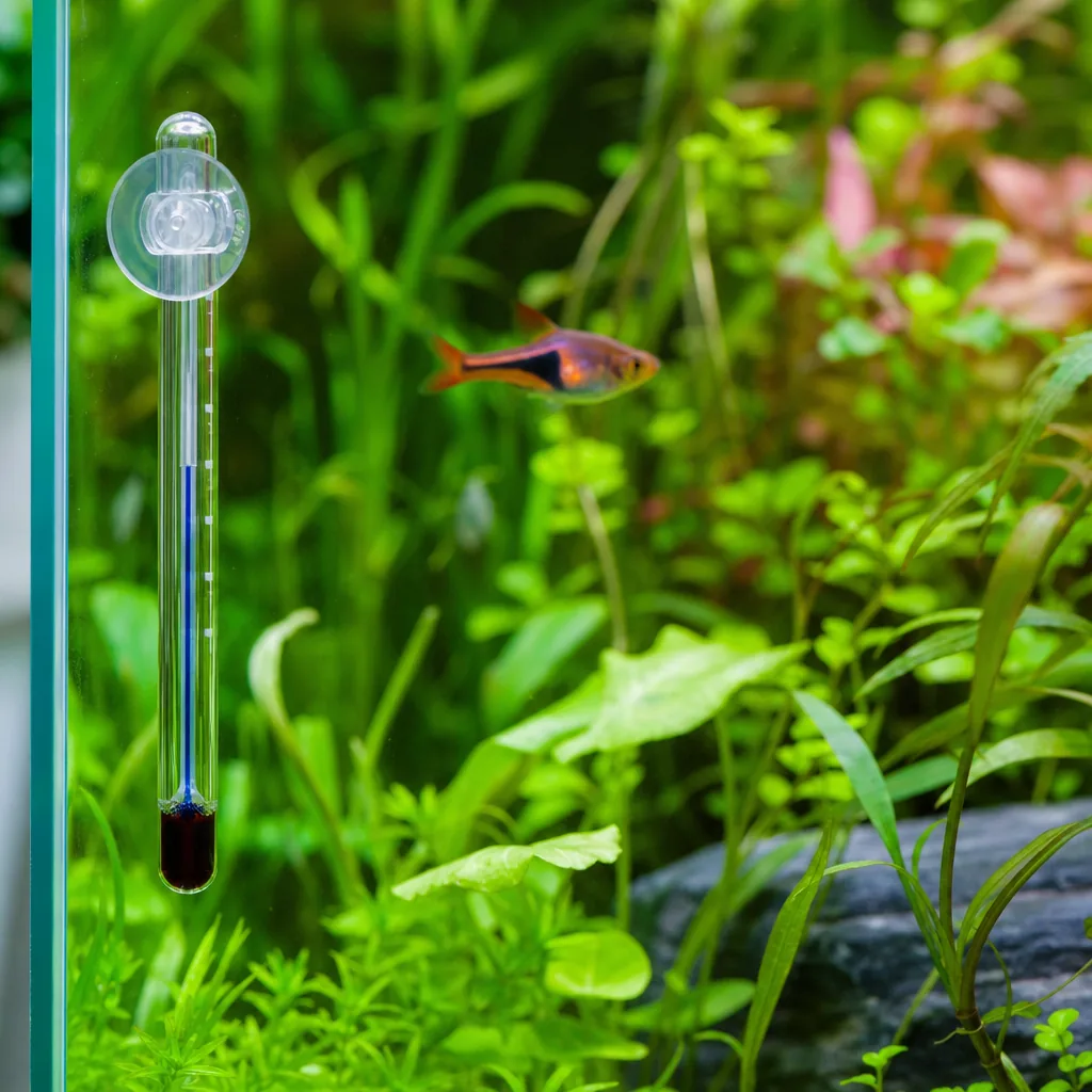 Aquarium thermometer reading temperature on tank glass
