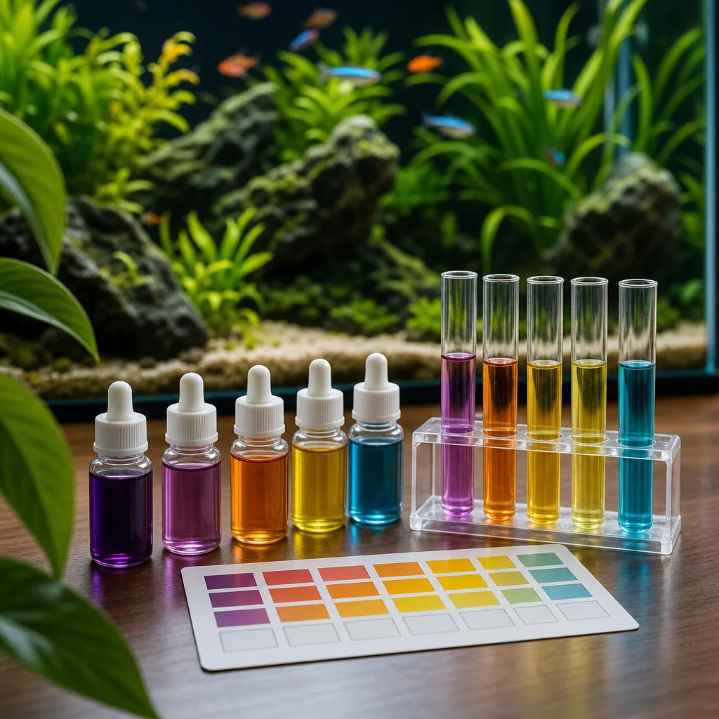 Rows of liquid test kit bottles and color charts on a table