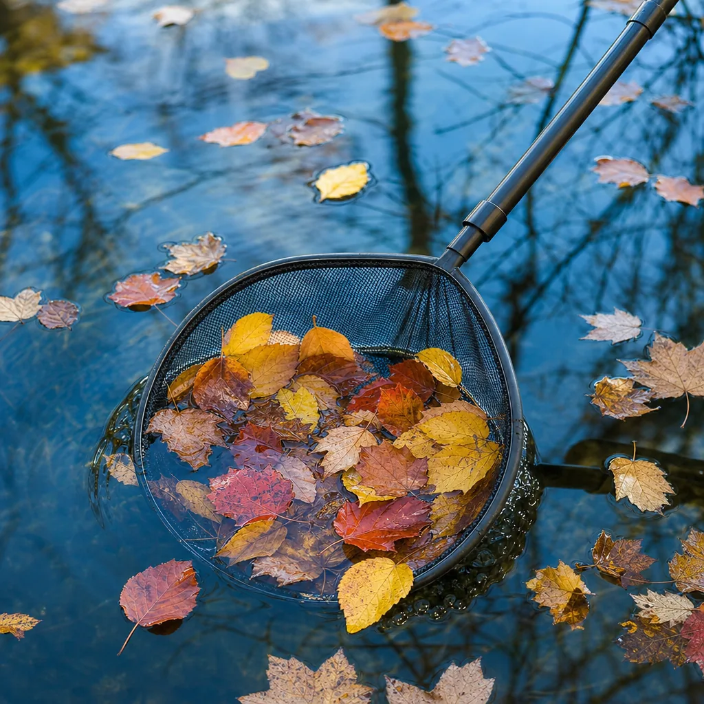 Autumn leaves being netted from a pond surface
