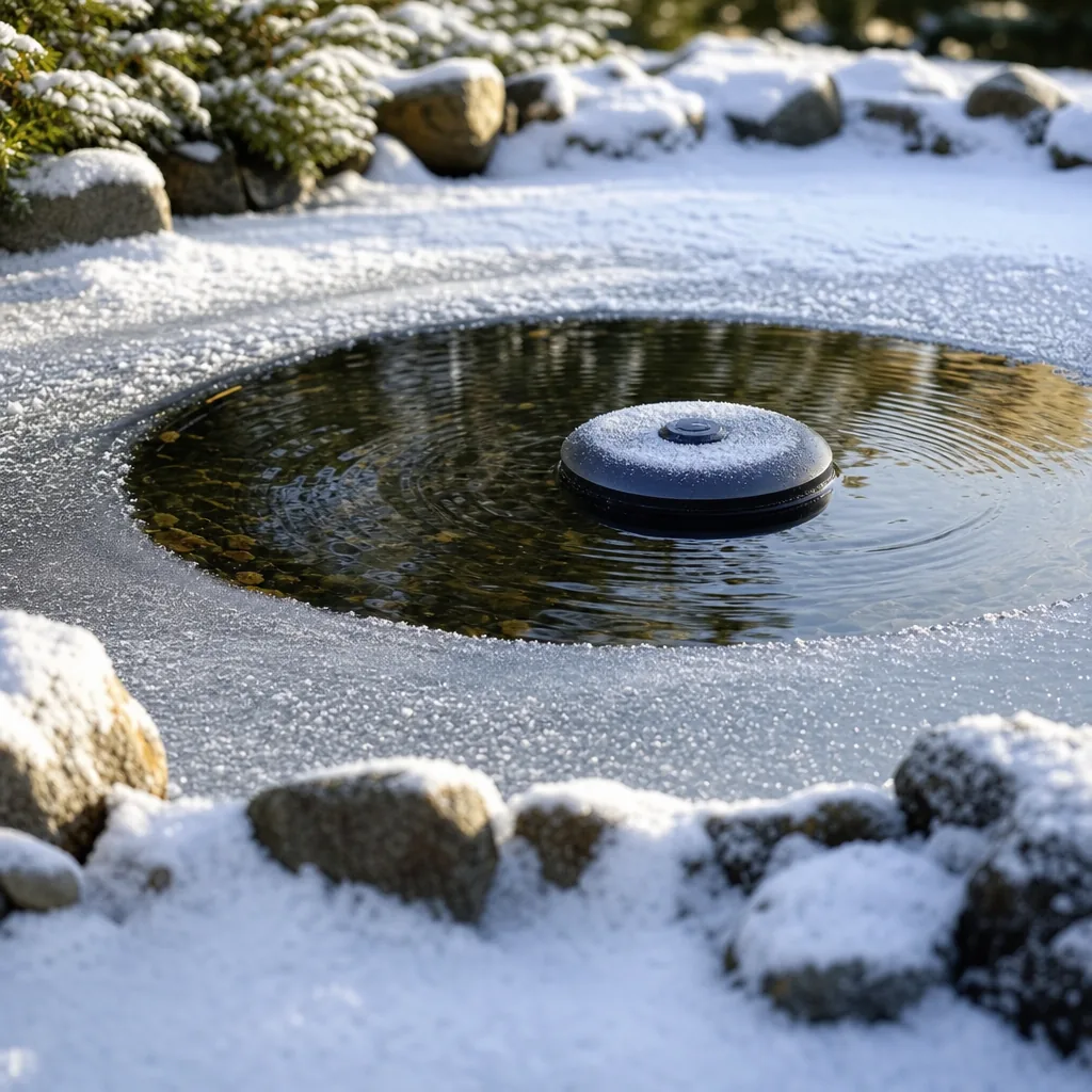 Floating de-icer keeping a hole open in pond ice