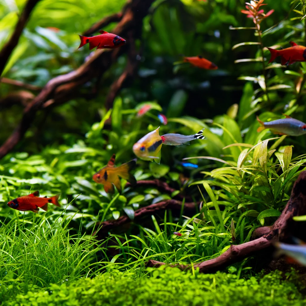 A healthy, well-cared-for planted aquarium with vibrant fish