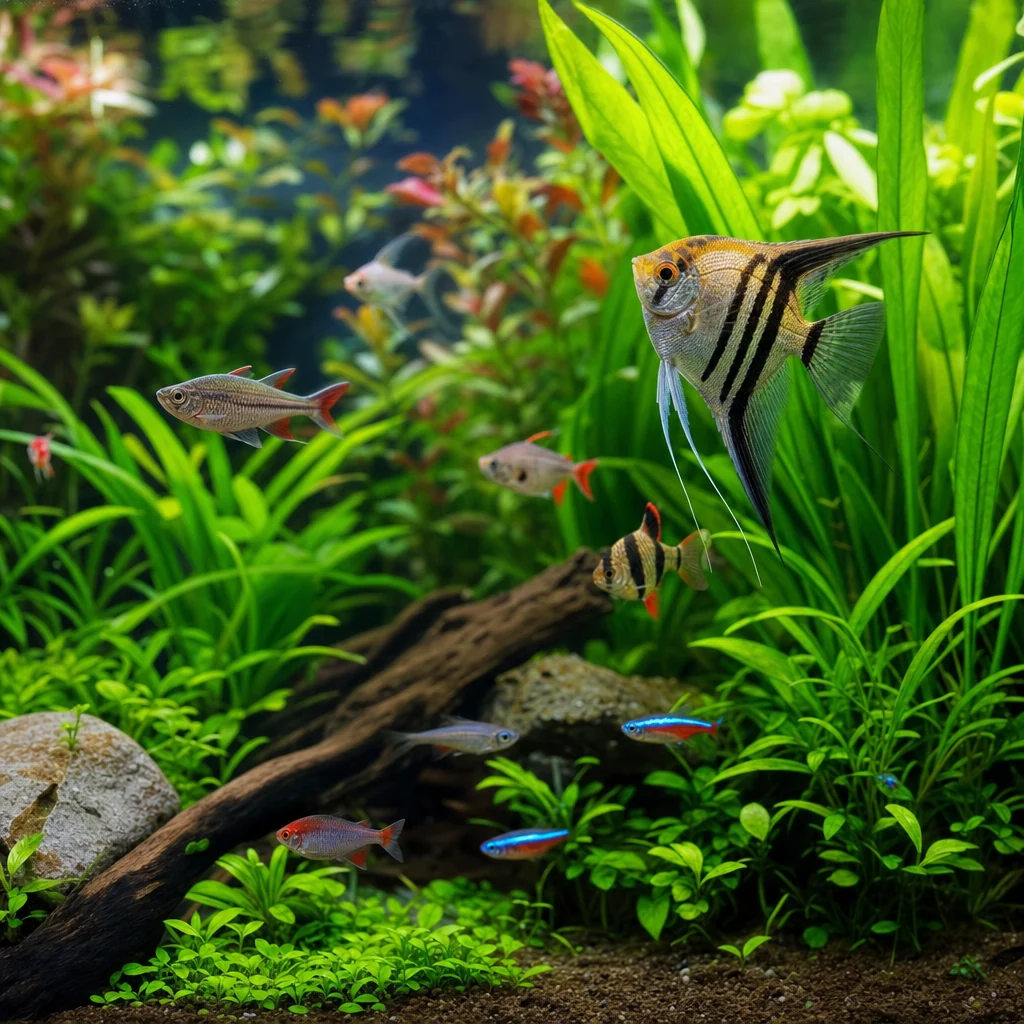 A vibrant planted community aquarium full of healthy fish