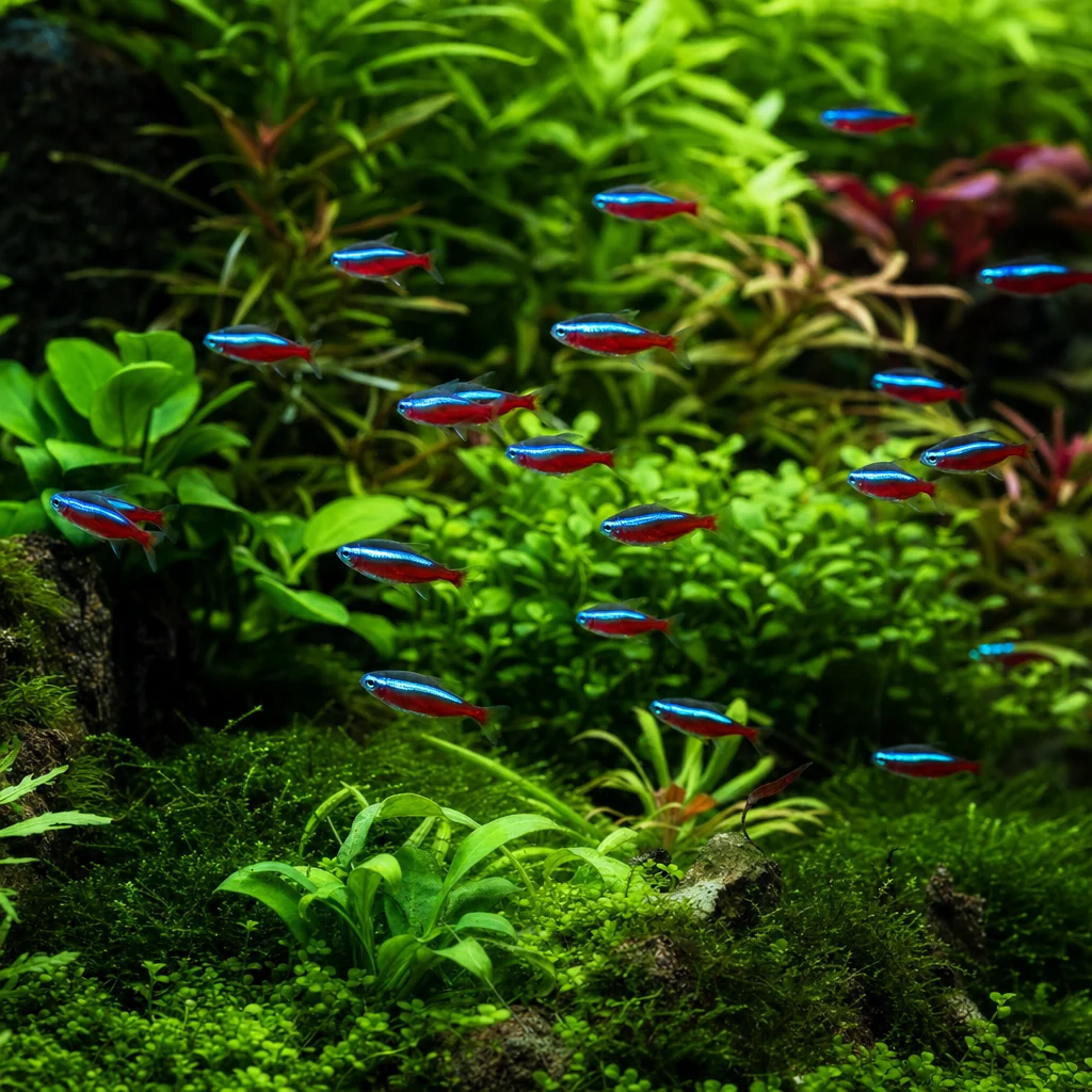 A lush green freshwater planted aquarium with neon tetras