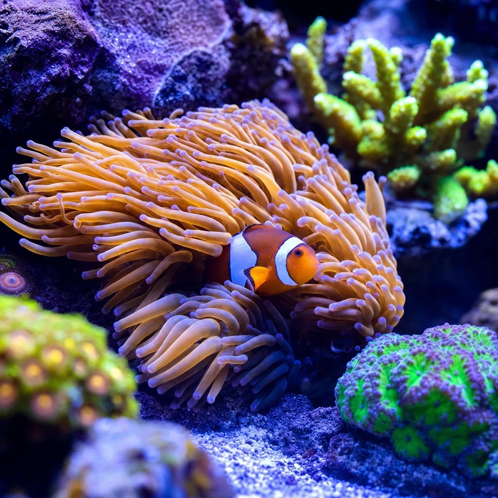 A colorful saltwater reef aquarium with a clownfish and corals