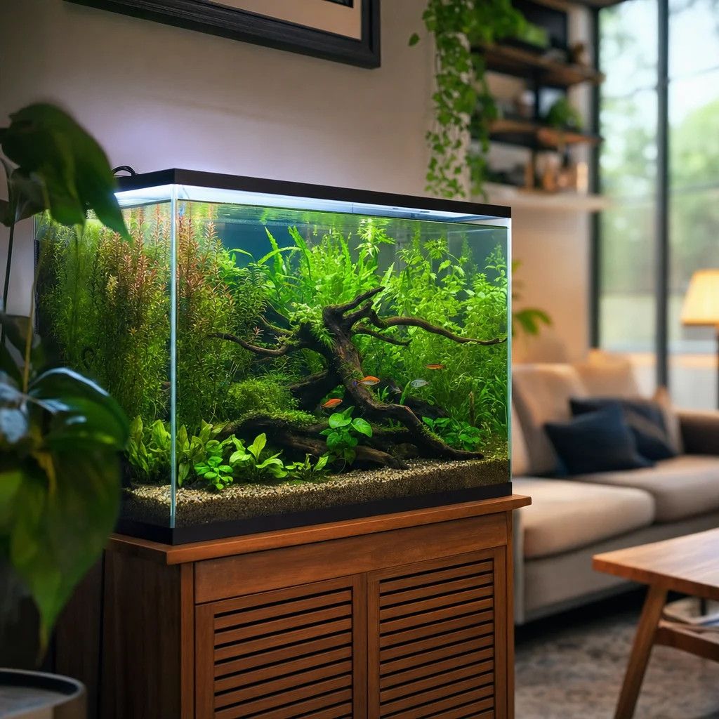 A lush planted freshwater aquarium in a modern home