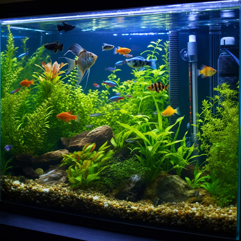 A vibrant, well-equipped freshwater aquarium with colorful tropical fish