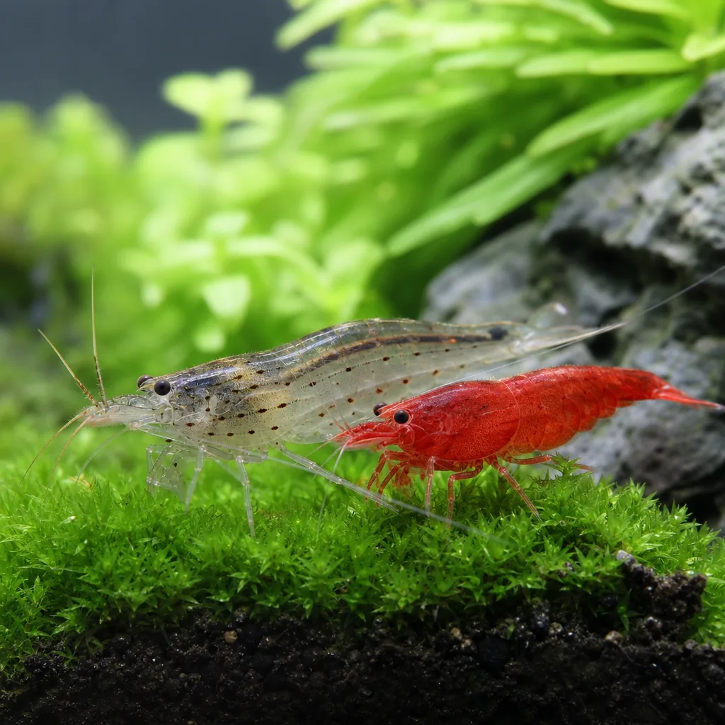 Amano shrimp and red cherry shrimp on planted substrate