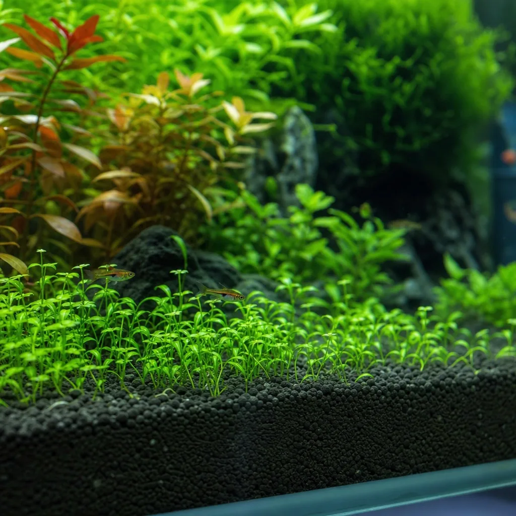 Rich dark aqua soil substrate in lush planted aquarium