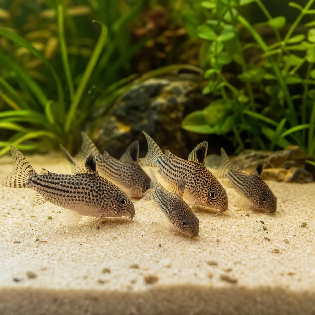 School of corydoras catfish foraging on sandy aquarium bottom