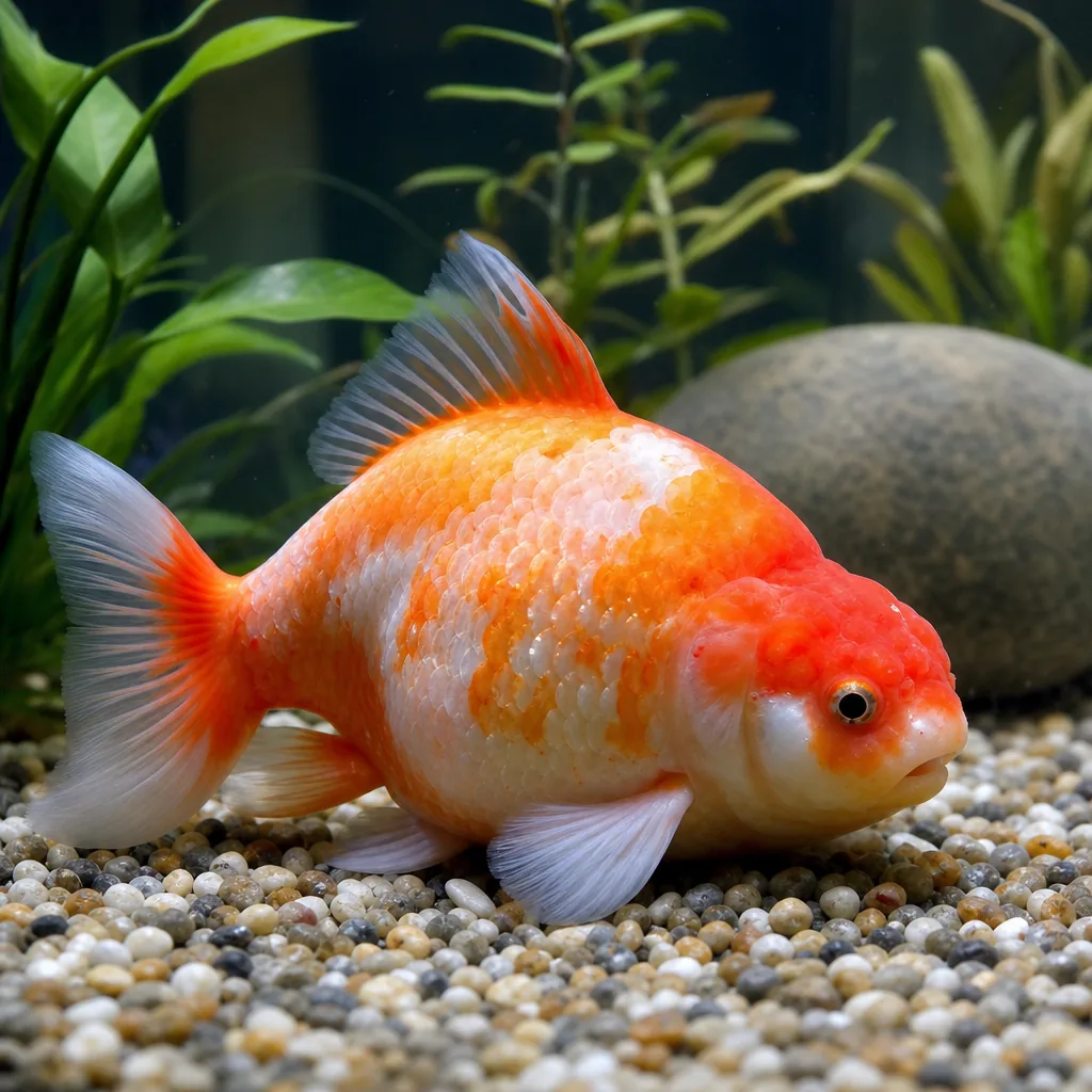 A bloated freshwater fish resting near the bottom of an aquarium