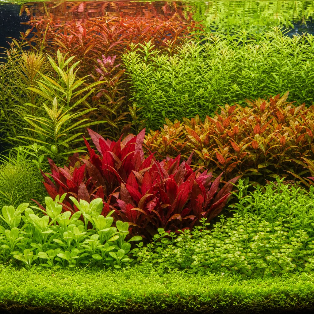 Colorful terraced Dutch-style planted aquarium arrangement