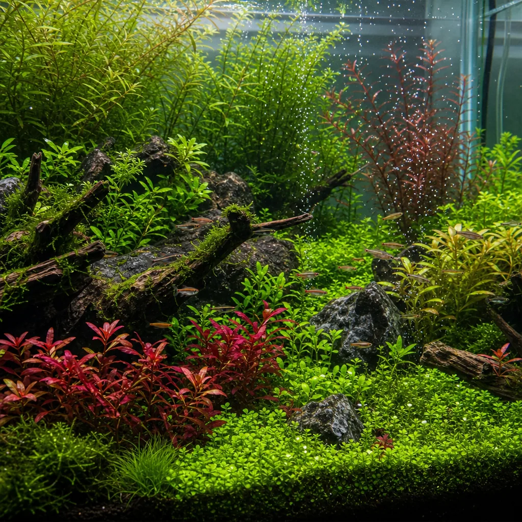 Lush densely planted freshwater aquarium bursting with green growth