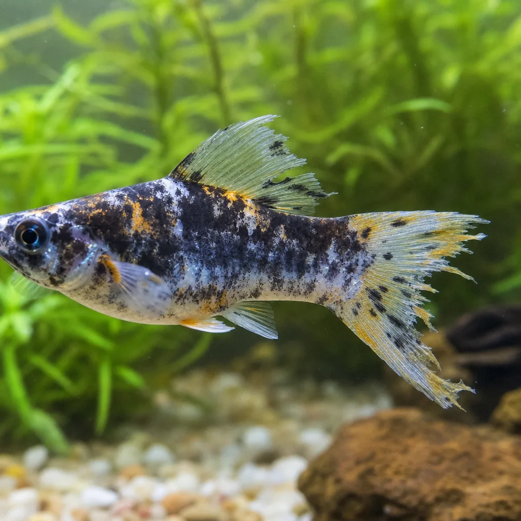 Freshwater fish with ragged frayed tail fin in an aquarium