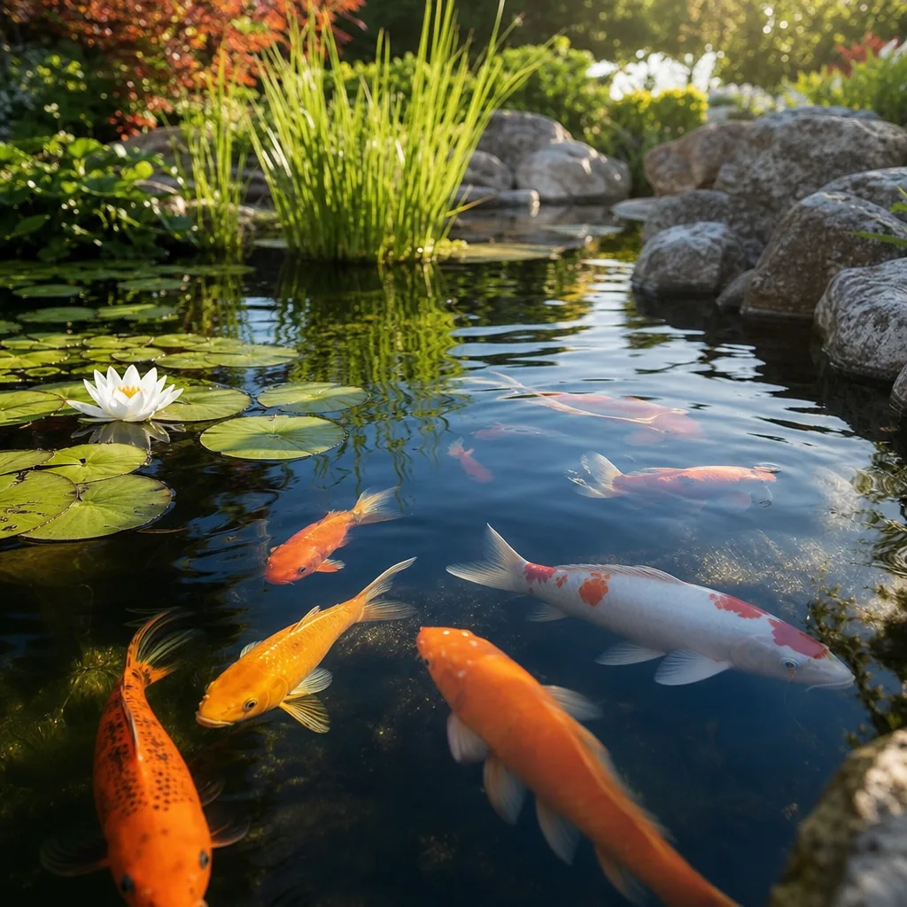 Koi swimming near the surface of a clear backyard garden pond