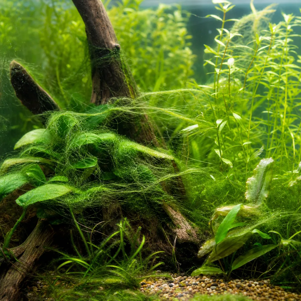 Green hair algae strands on plants in a planted tank