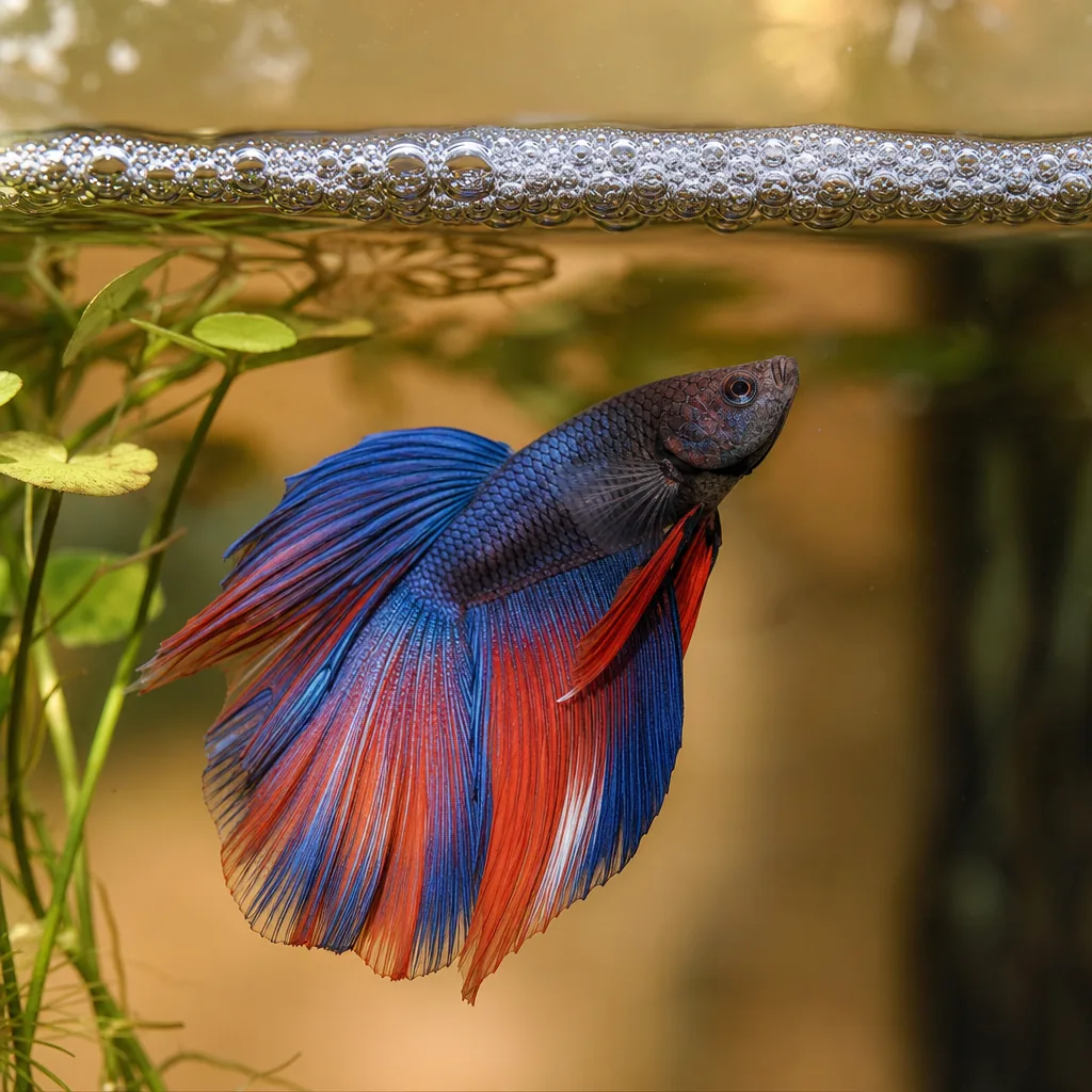 Male betta beneath a bubble nest in breeding tank