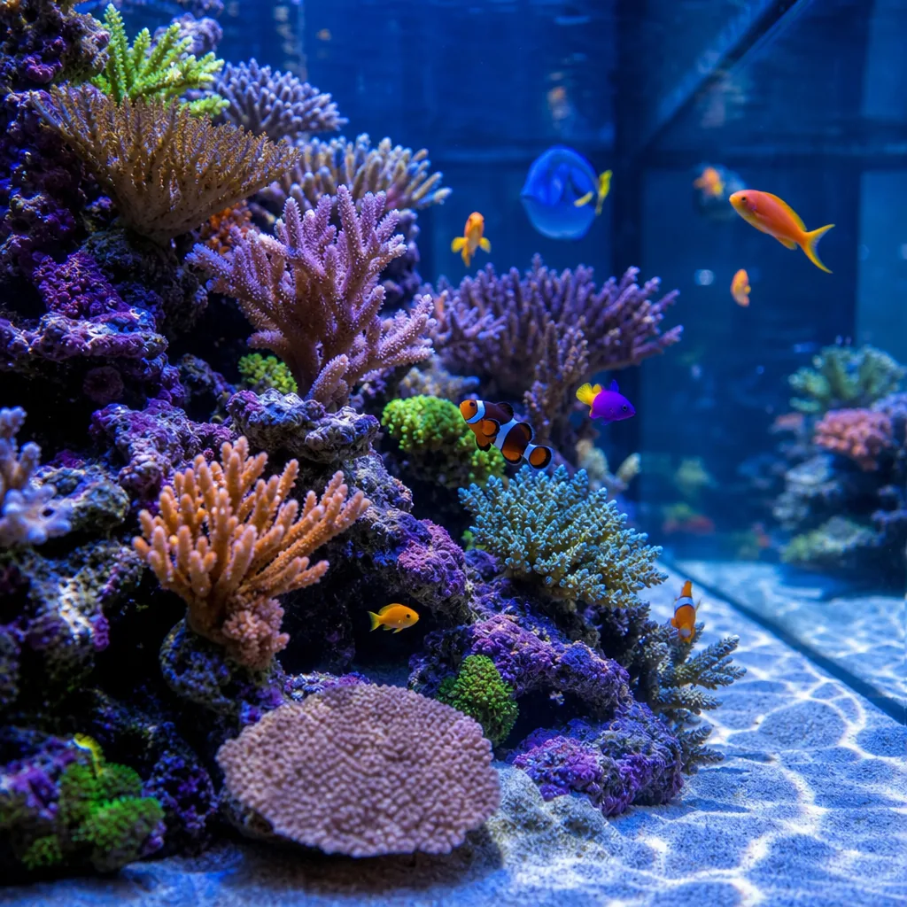 Vibrant reef aquarium full of stony corals and clear water