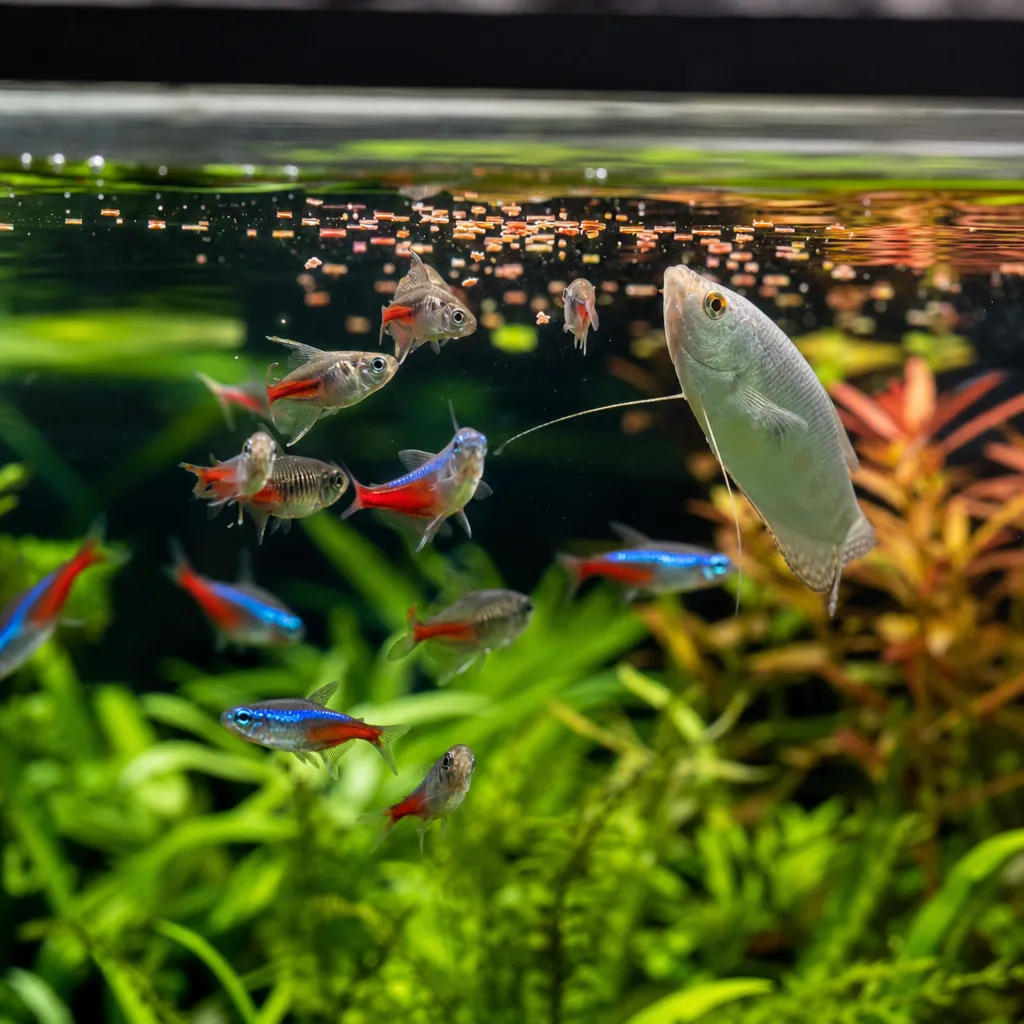 Community freshwater fish rising to eat floating flake food