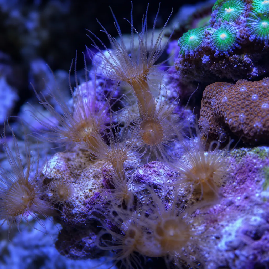 Aiptasia pest anemones growing on reef live rock