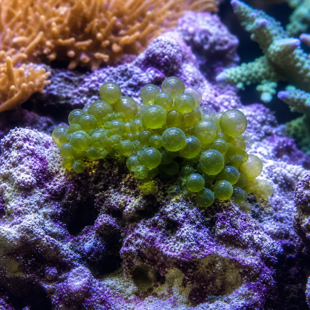 Clusters of round green bubble algae growing on reef live rock